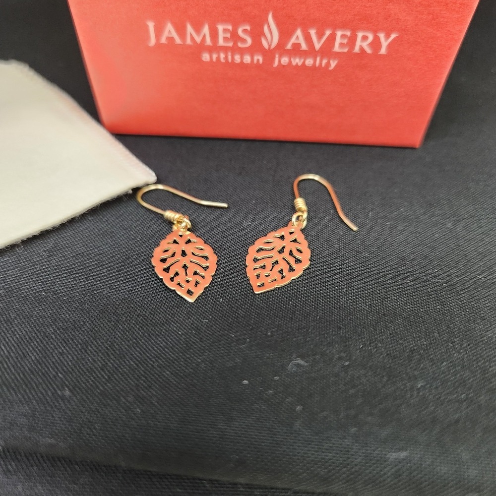 James Avery Retired Leaf Dangle Earrings 14k Yellow Gold Fishhook Style With Box - Picture 4 of 13